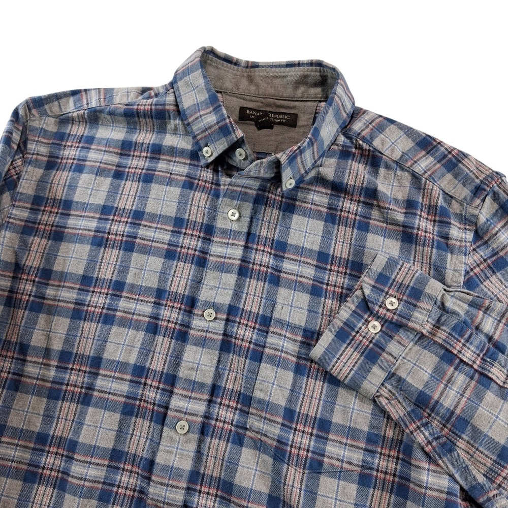 Banana Republic Luxe Flannel Shirt Mens Large Blue Gray Plaid Slim Fit Soft